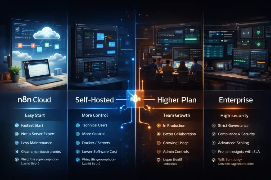 n8n pricing decision guide showing cloud, self-hosted, higher plan, and enterprise options